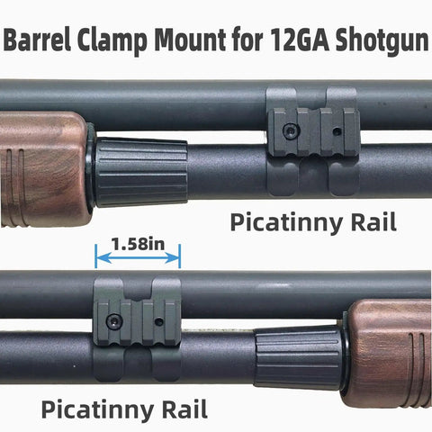 Shotgun Flashlight Mount With 12 Gauge Barrel Clamp And Picatinny Rails, Tactical Accessory Bracket shown on a 12GA shotgun