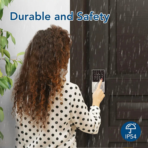 Woman using Touchscreen Keypad Smart Deadbolt With Wi Fi And Bluetooth, Keyless Entry And Remote Control Via App, Passcode Or Mechanical Key Backup, Works With Alexa Front Door Lock Easy Install Security Upgrade For Home in rain.