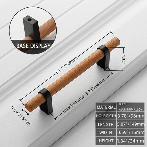 Black T Bar Cabinet Pulls 3.78 Inch Hole Distance, Solid Wood With Aluminum Base, Dimensions 5.87 x 0.59 x 1.34 Inches, on Display