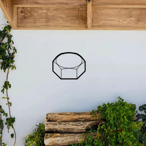 Modern Industrial Geometric Metal Wall Art Panel Premium Sturdy Home Decor Finish For Living Room Bedroom Accent Minimalist Shelf Display Top Shelf Solid Build No Fuss Everyday Space Refresh Black on white wall with greenery.
