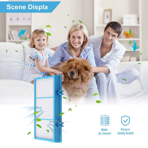 Family with dog and Post Filter Replacement HAPF30AT Pack For AER1 Series True HEPA Filters, Holmes purifiers scene display