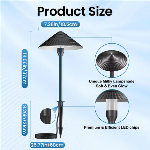 All In One Low Voltage Landscape Lighting Kit With Twelve 5W Pathway Lights And A 96W Transformer For Outdoor Yards Patios And Walkways 2700K Warm White IP66 Waterproof 12 To 24 Volt System, showing pathway light dimensions and components