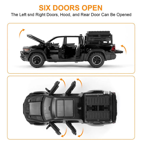 Pickup Truck Diecast Model Car For Kids One Thirty Second Scale With Sound And Light Kid Friendly Alloy Toy Truck doors open view