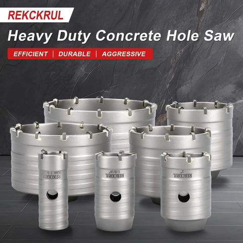 REKCKRUL concrete hole saw set; silver metal circular hole saws with toothed rims in multiple sizes