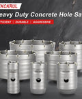 Heavy Duty 3 Inch Concrete Hole Saw Kit Featuring Top Shelf Tungsten Carbide Bits SDS Plus Adapter and Catch All Dust Bag for No Sweat Masonry Drilling Action, showing multiple sizes of concrete hole saws.