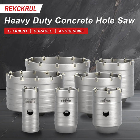 Heavy Duty 3 Inch Concrete Hole Saw Kit Featuring Top Shelf Tungsten Carbide Bits SDS Plus Adapter and Catch All Dust Bag for No Sweat Masonry Drilling Action, showing multiple sizes of concrete hole saws.