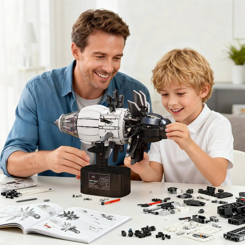 Father and son assembling Motorized Jet Turbofan Engine Model Kit With 1351 Pieces, Realistic Aircraft Engine Build for Adults