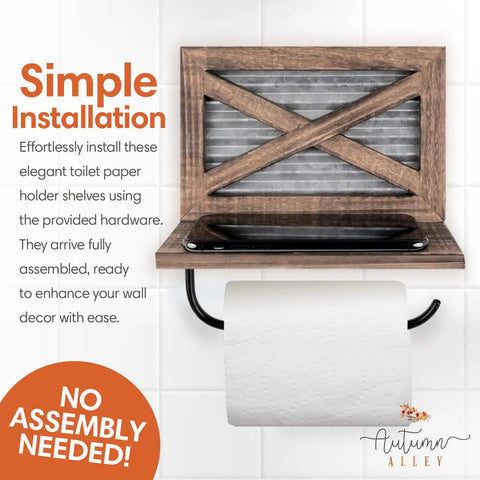 Rustic Farmhouse Toilet Paper Holder With Shelf For Wipes Wall Mounted Brown Wood With Weathered Wood And Galvanized Metal Durable
