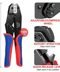 Six Piece Ratchet Wire Crimping Tool Set With Six Chrome Dies For Heat Shrink Terminals Insulated Nylon Ferrule Wire End Non Insulated Open Barrel Terminals Solar Connectors And Storage Box, 22.5cm crimper