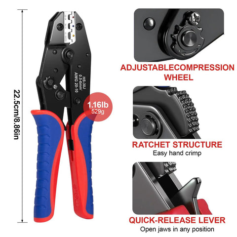 Six Piece Ratchet Wire Crimping Tool Set With Six Chrome Dies For Heat Shrink Terminals Insulated Nylon Ferrule Wire End Non Insulated Open Barrel Terminals Solar Connectors And Storage Box, 22.5cm crimper