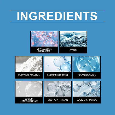 Super Tough Clear Waterproof Sealant 300G ingredient labels include Vinyl Acetate Copolymer, Water, and others on blue background.