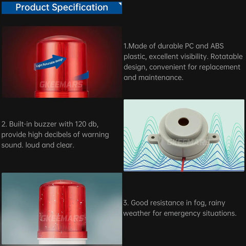 Industrial Signal Alarm Tower Light With LED Rotating Strobe And Mad Loud Buzzer 110V AC Emergency Warning Lamp features