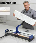 Built Like A Tank 31 Inch Manual Tile Cutter For Porcelain And Ceramic Floor Tiles With Tungsten Alloy Wheel shown in use, demonstrating smooth cuts.