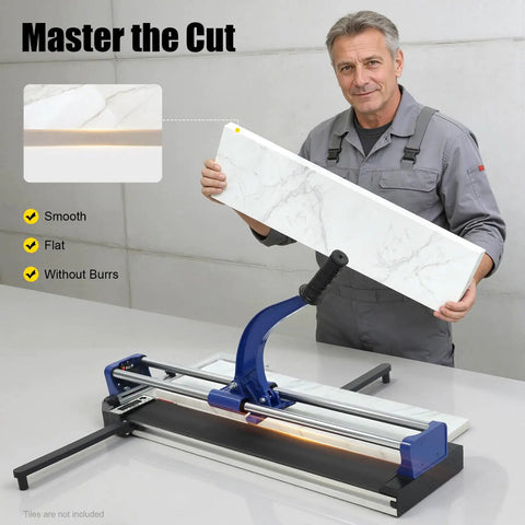 31 Inch Heavy Duty Manual Tile Cutter With Reinforced Tungsten Wheel Cuts Porcelain And Ceramic Floors Straight As An Arrow No Sweat On The Job Site Pro Grade Contractor Tools For Fast Renos, showing smooth cut porcelain tile.