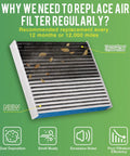 Old cabin air filter showing dirt and leaves with text on replacement interval for Activated Carbon Cabin And Engine Air Filter Kit Replacement