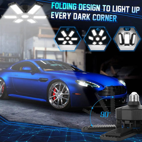Crazy Bright 200W LED Garage Lights 4 Pack With 6 Panel Design 20000LM Ceiling Shop Lights illuminating a garage with a blue car