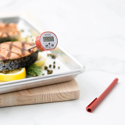 Waterproof Digital Instant Read Thermometer for Cooking BBQ Grilling Baking and Meat with Pocket Clip Red Color on salmon
