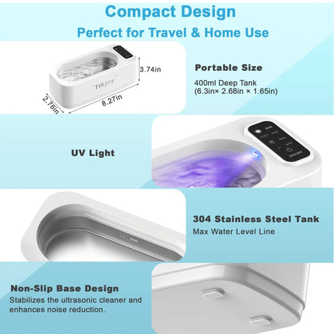 Diagram of 55KHz 400ml Ultrasonic Cleaner with Four Cleaning Modes and LED Light, showing portable size and stainless steel tank.