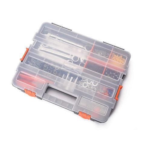 Interlocking Tool Box Organizer Set for Fasteners, Hardware, and Crafts, Heavy Duty Plastic, Black and Orange Lids, 2 Piece Pack
