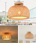 Dope Boho Rattan Semi Flush Mount Ceiling Light With Bamboo Wicker Shade in room, 11.8in wide, 8.27in high, wood base