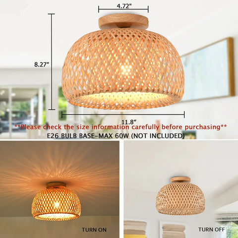 Dope Boho Rattan Semi Flush Mount Ceiling Light With Bamboo Wicker Shade in room, 11.8in wide, 8.27in high, wood base