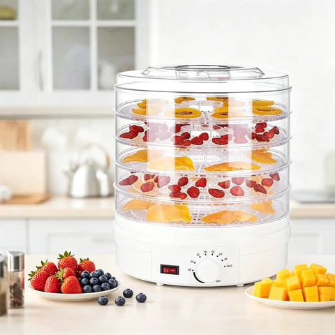 Heavy Duty Electric Food Dehydrator With Five Clear Trays And Adjustable Heat Zones For Zero Fuss Drying Of Fruit Meat Jerky And Custom Pet Treats Perfect For Family Dinners And Weekend Meal Prep, displaying fruits on trays.