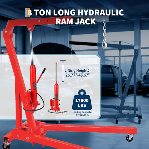 Rugged Pro 8 Ton Hydraulic Long Ram Jack For Engine Hoists Combining Air Compressor Force With Manual Pump Precision Fine Adjustment Shop Ready Heavy Lifter