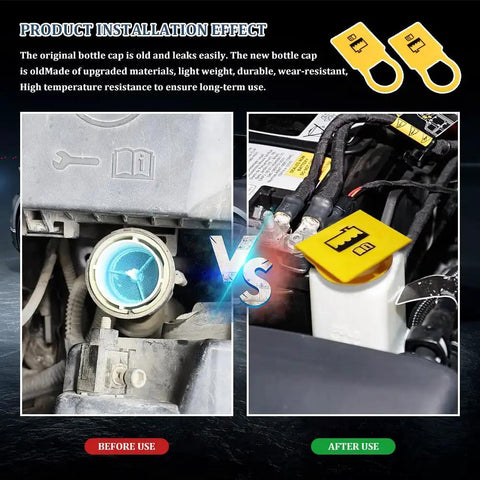 Comparison of old and new Two Pack Engine Coolant Reservoir Cap Replacement For Chrysler Dodge Jeep Ram Radiator Overflow Tank Cap High Temp ABS Plastic.