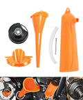 Spill Free Primary Oil Fill Funnel Kit With Oil Filter Wrench, 4 Piece Orange Set For Harley Evolution and Dyna
