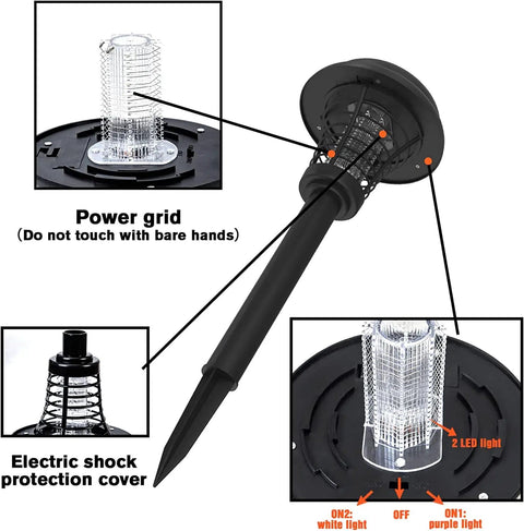 Diagram of Solar Powered Outdoor Bug Zapper for Yard and Patio, Waterproof Mosquito Killer Lamp for Lawn Pathway with protective covers and power grid.