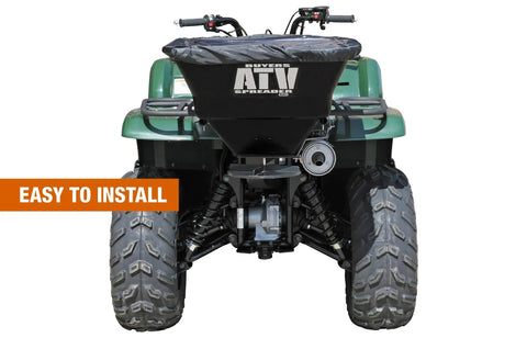 Rear view of ATV with Beefy ATV Broadcast Spreader With Rain Cover, 100 Pound Capacity Poly Hopper, Rear Rack Mount installed.