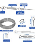 Fifty Feet Of One Sixteenth Inch Vinyl Coated Stainless Steel Wire Rope Kit With M5 Turnbuckle Tensioner Eye Hooks Thimbles And Crimp Loops