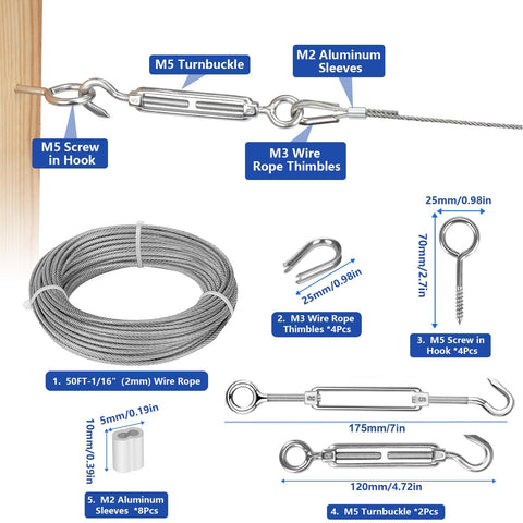 Fifty Feet Of One Sixteenth Inch Vinyl Coated Stainless Steel Wire Rope Kit With M5 Turnbuckle Tensioner Eye Hooks Thimbles And Crimp Loops