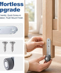 Durable Steel Construction Two Pack 1.5 Inch Anti Sag Door Support Wheels Low Profile Caster Hardware being installed on a wooden door.