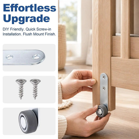 Durable Steel Construction Two Pack 1.5 Inch Anti Sag Door Support Wheels Low Profile Caster Hardware being installed on a wooden door.