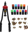 16 Inch Hand Blind Rivet Nut Setter Kit With 10 Mandrels For 110 Thread Inserts, tool, mandrels, and nuts displayed