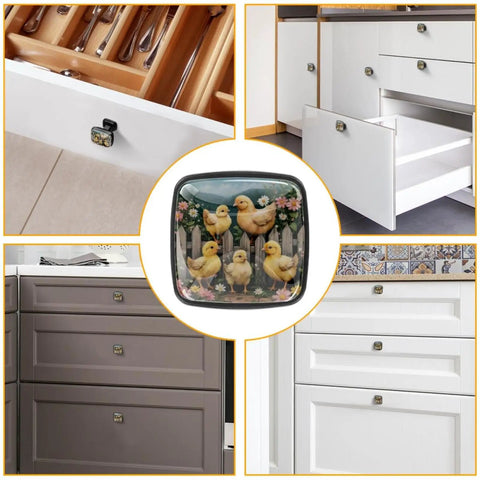Four Pack Square Cabinet Knobs Set With Flower Chickens Fence Design Black Glass And ABS Pulls For Cabinets Dressers Kitchen