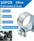 Front view of galvanized iron fuel hose clamp, screw-type, sizes 1/4, 5/16, 3/8 in; 32-piece kit.