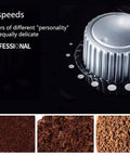 Top Shelf Stainless Steel Drip Coffee Maker adjustable strength control dial showing 8 speeds and various coffee grounds.