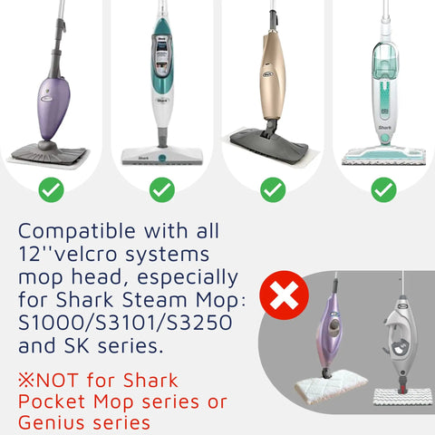 Compatible steam mops for Go To Replacement Steam Mop Pads, Shark S1000 S3101 S3250 SK series with Velcro pads shown; exclusion noted.