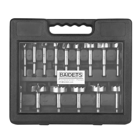 Sixteen Piece Dope Forstner Bit Set For Wood Drilling With Center Positioning in black plastic case