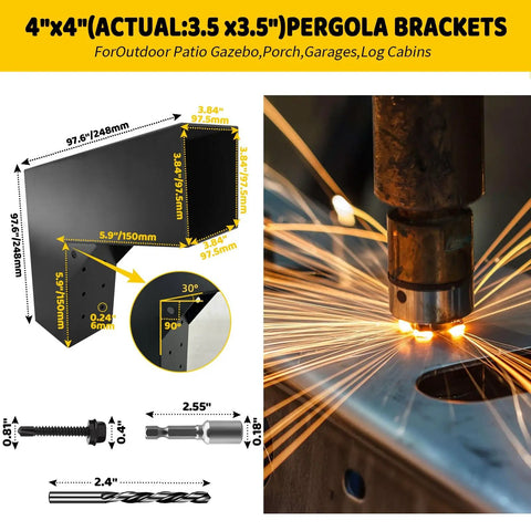 Two Way 30 Degree Slant Pergola Brackets Kit For DIY L Shaped Woodwork Fits 4x4 Lumber Actual 3.5x3.5 Built To Last Heavy Duty Galvanized Steel With Hardware For Patio Gazebo Cabin 4 Pack