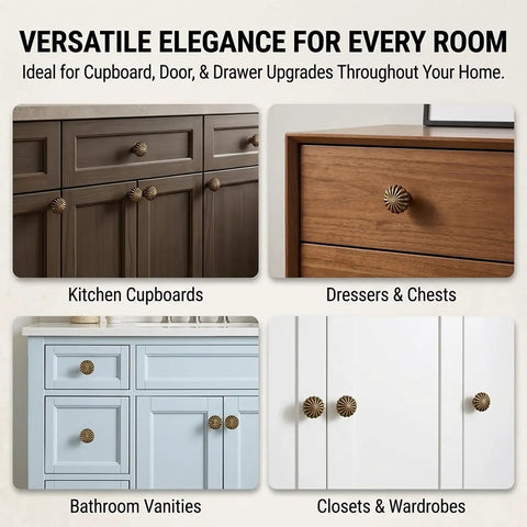 Heavy Duty 15 Piece Antique Brass Cabinet Knobs Offering A Hella Smooth Vintage Sunburst Finish on various furniture types.