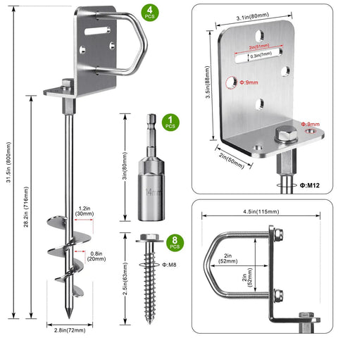 Four Pack Thirty Inch Ground Anchors Screw In Kit With L Bracket Heavy Duty Tapered Spiral Anchors shown with dimensions