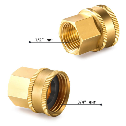 Heavy Duty Brass Garden Hose Adapter 3/4 GHT Female To 1/2 NPT Female Swivel Connector GHT To NPT Brass Fitting For Easy Leak Free Hose Setup And Pipe Thread Conversion, 1/2 NPT and 3/4 GHT
