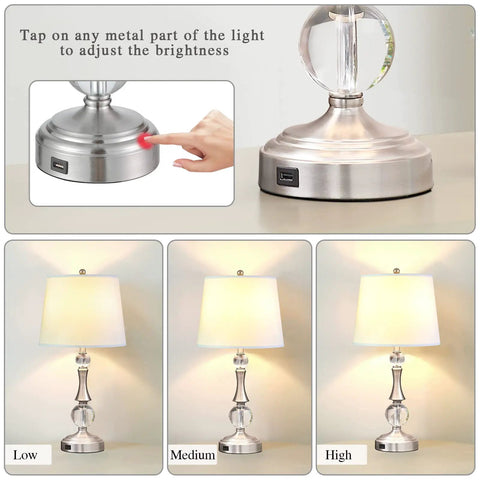 Set Of 2 Touch Control Crystal Table Lamps With USB Port, 3 Way Dimmable Bedside Nightstand Lighting, White Fabric Shade, Silver Finish, close-up of USB port and dimmer function.
