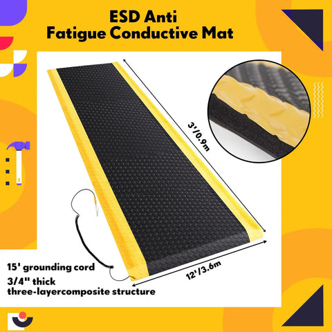 Anti Fatigue Industrial ESD Mat With Ground Wire 3x12 Feet Thick Three Quarter Inch Heavy Duty Ergonomic Standing Floor Pad Black With Yellow Border For Commercial Shops And Lab Stations