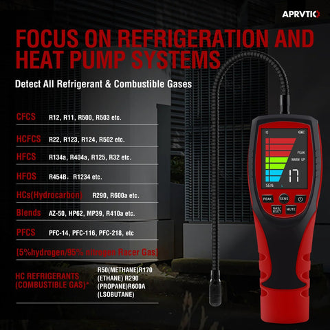 HVAC refrigerant leak detector ALD-200 PRO handheld, red/black with 2.6-inch color display and probe