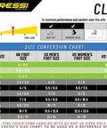 Size conversion chart for Clio Snorkeling Fin for Adults Black 43/44, detailing EU, UK, and US foot sizes for optimal fit.