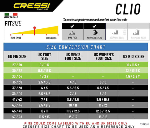 Size conversion chart for Clio Snorkeling Fin for Adults Black 43/44, detailing EU, UK, and US foot sizes for optimal fit.